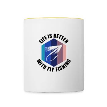 Hobby Fisherman Funny Saying Life With Fly Fishing - Contrasting Mug - white/yellow - Front