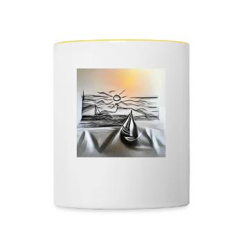 Zeichnung eines Segelbootes bei Sonnenuntergang über dem Meer - Tasse zweifarbig - Weiß/Gelb - Vorne