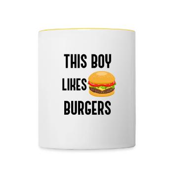 Junge mag Hamburger, ironisches Zitat, Burger - Tasse zweifarbig - Weiß/Gelb - Vorne