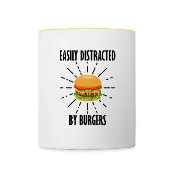 Fast Food Hamburger Cheeseburger mit lustigem - Tasse zweifarbig - Weiß/Gelb - Vorne