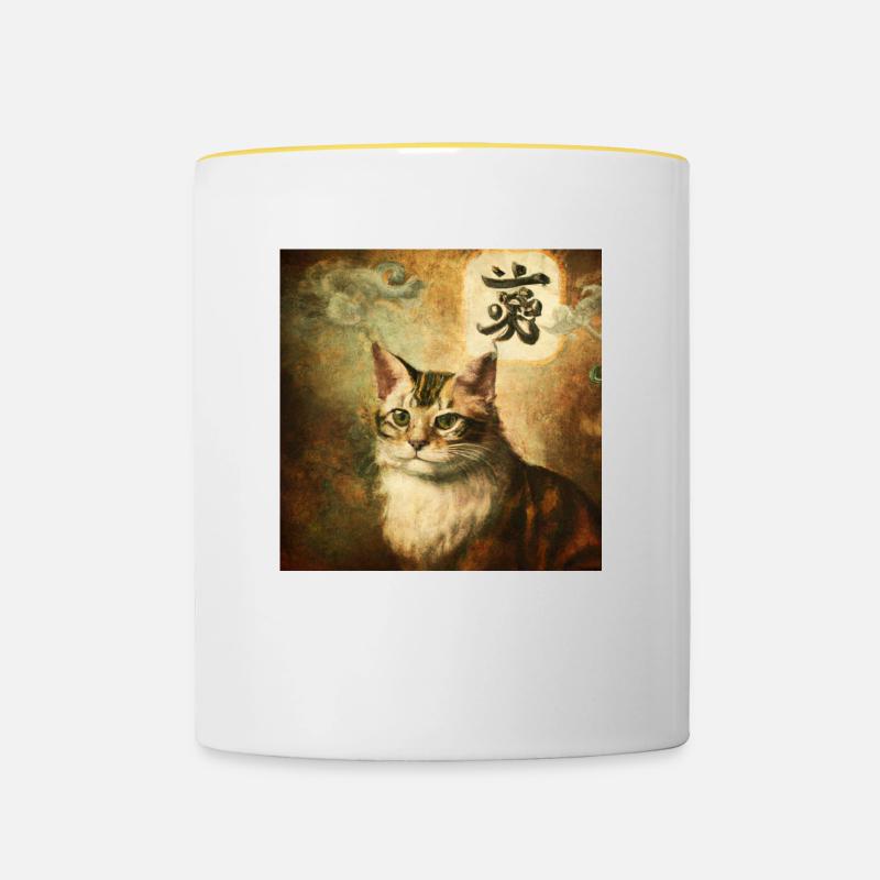 Chat avec caractères chinois, Baroque 2 - Mug contrasté - blanc/jaune