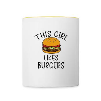 Une fille aime les hamburgers, la nourriture - Mug contrasté - blanc/jaune - Devant
