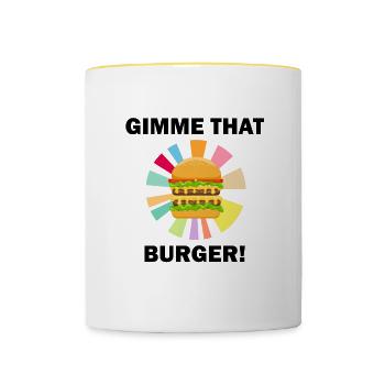 Hamburger Eating Ironic Saying Gimme That Burger - Contrasting Mug - white/yellow - Front