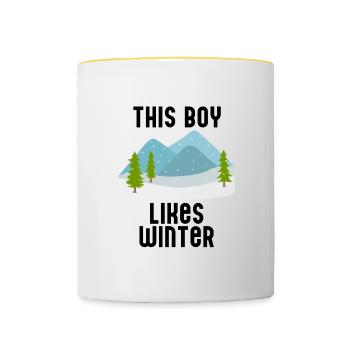 Garçon aime la randonnée, les journées d'hiver, - Mug contrasté - blanc/jaune - Devant