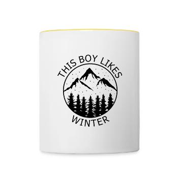 Junge mag Wandern, Wintertage, Berge, Landschaft - Tasse zweifarbig - Weiß/Gelb - Vorne