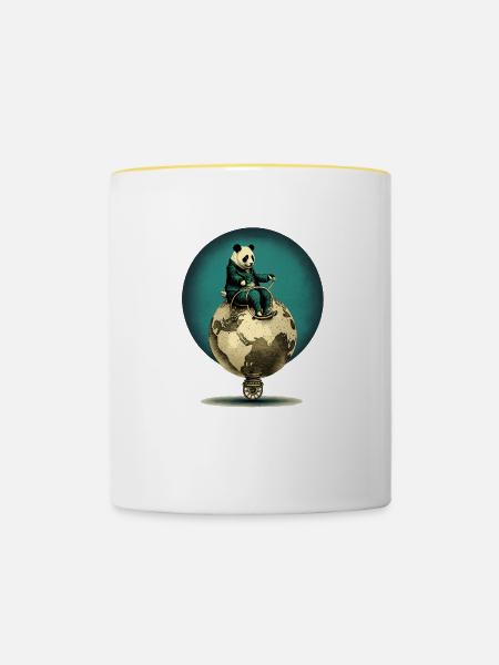 Panda kontrolliert den Globus - Tasse zweifarbig - Weiß/Gelb