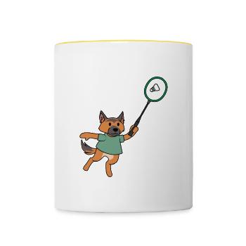 Netter Welpe spielt Badminton Ironischer Sporthund - Tasse zweifarbig - Weiß/Gelb - Vorne
