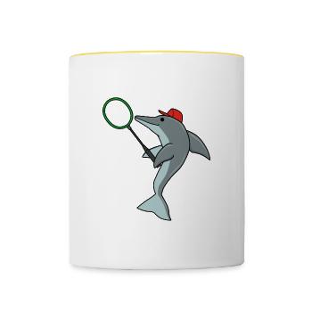Dolphin Playing Badminton Ironic Sports Animal - Contrasting Mug - white/yellow - Front