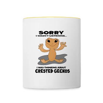 Lustiges Sprichwort mit Haubengecko, Zitat von - Tasse zweifarbig - Weiß/Gelb - Vorne