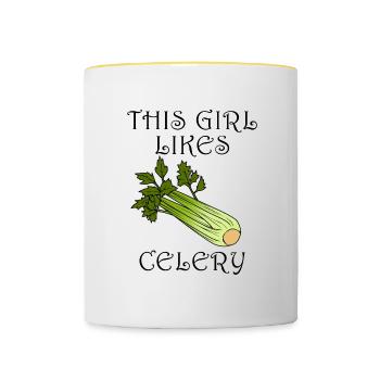 Mädchen isst Sellerie mit ironischem Zitat: Gemüse - Tasse zweifarbig - Weiß/Gelb - Vorne