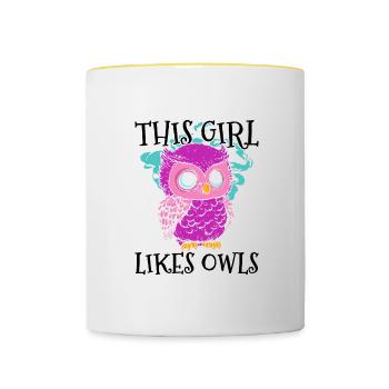 Girl Likes Owls Cute Wildlife Animal Forest Nature - Contrasting Mug - white/yellow - Front