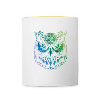 Art coloré, oiseaux, hiboux, animaux de la forêt - Mug contrasté - blanc/jaune - Devant