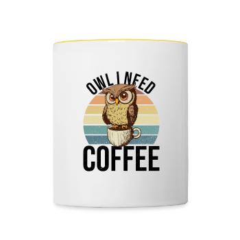 Eule braucht Kaffee und ist müde vom Lazy Monday - Tasse zweifarbig - Weiß/Gelb - Vorne