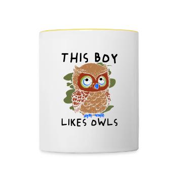 Junge mag Eulen, künstlerische Tiere, Wildtiere, - Tasse zweifarbig - Weiß/Gelb - Vorne