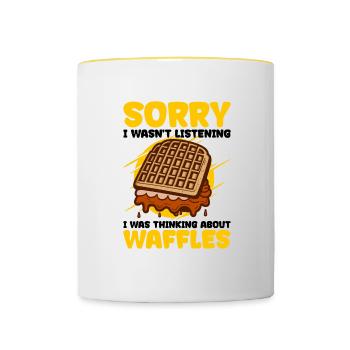 Waffle Eating Ironic Quote Thinking About Waffles - Contrasting Mug - white/yellow - Front