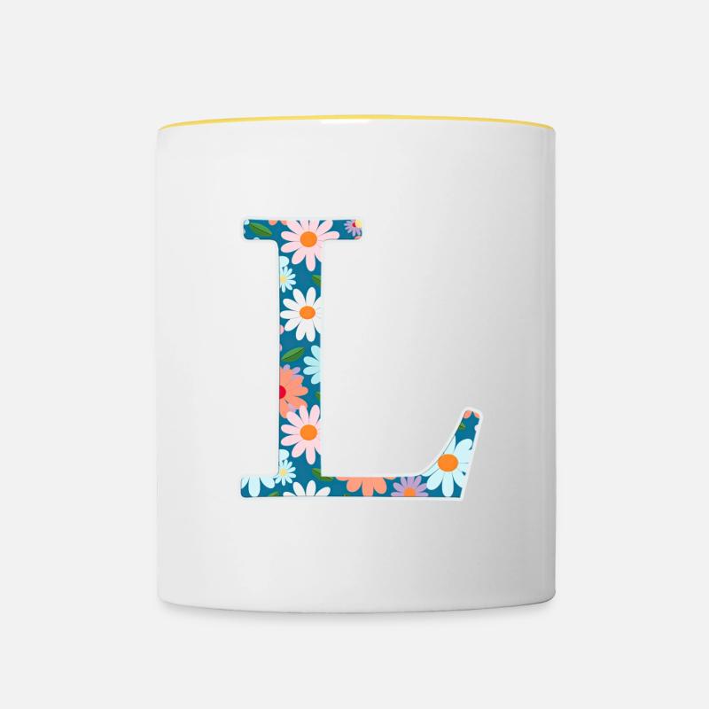 Customizable Monogram L Floral Pattern - Contrasting Mug - white/yellow