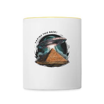 Vol extraterrestre : OVNI récupère sa pyramide - Mug contrasté - blanc/jaune - Devant