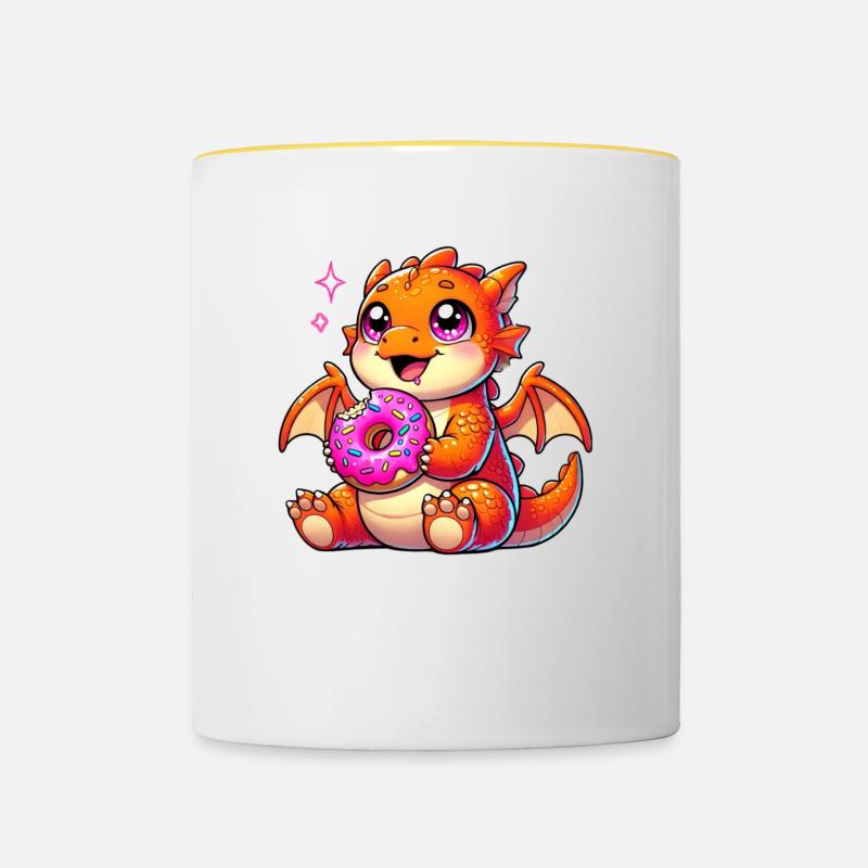 Bezaubernder Drache mit Donut - Comic Kunstwerk - Tasse zweifarbig - Weiß/Gelb
