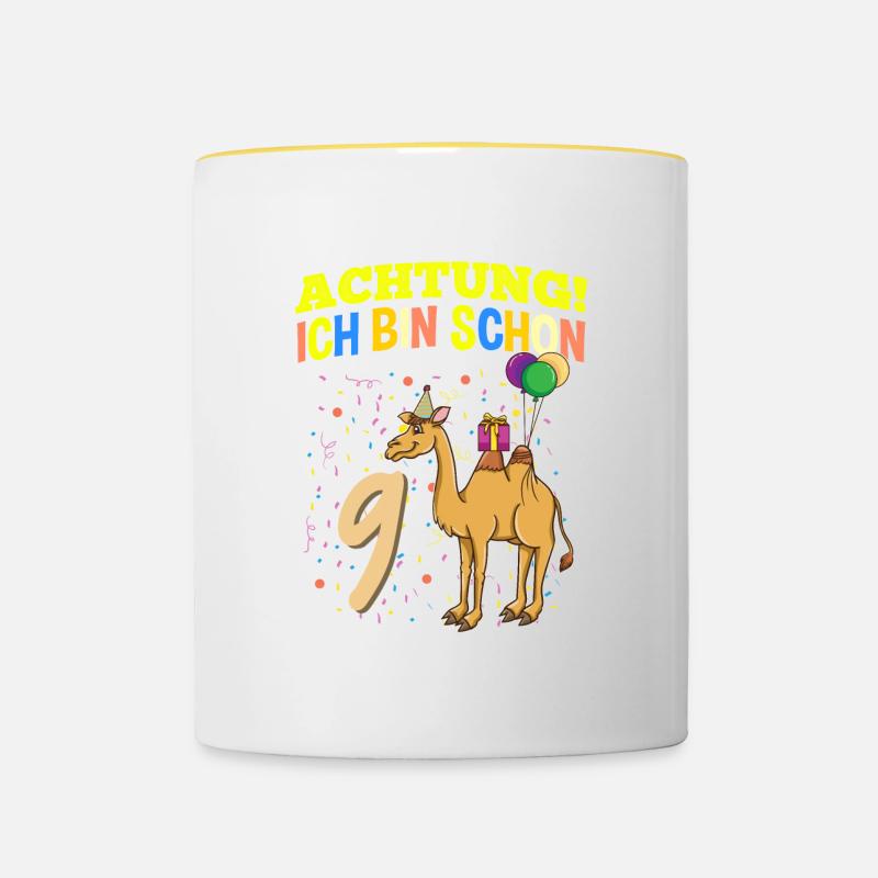 Achtung Ich Bin Schon 9 Geburtstag Kamel-Dromedar - Tasse zweifarbig - Weiß/Gelb