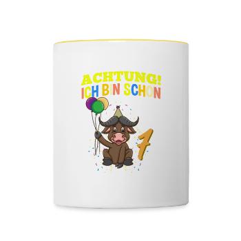 Achtung Ich Bin Schon 7 Geburtstag Büffel Bison - Tasse zweifarbig - Weiß/Gelb - Vorne
