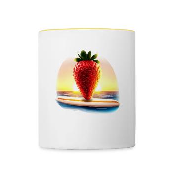 Surfende Erdbeere im Sonnenuntergang - Tasse zweifarbig - Weiß/Gelb - Vorne