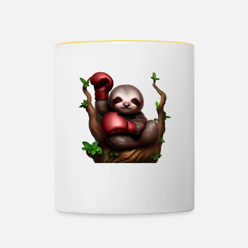 Boxendes Faultier auf Baum - Tasse zweifarbig - Weiß/Gelb