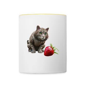 Cat in front of giant strawberry - Contrasting Mug - white/yellow - Front