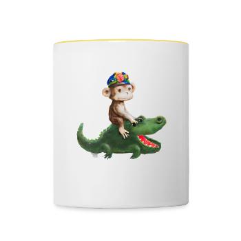 Lustiges Affe auf Krokodil Design - Tasse zweifarbig - Weiß/Gelb - Vorne