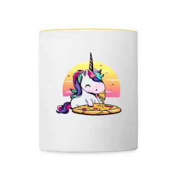 Licorne mangeant une pizza au coucher du soleil - Mug contrasté - blanc/jaune - Devant