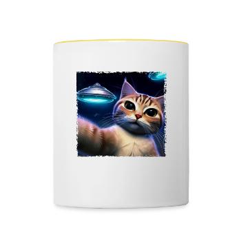 Selfie de chat avec OVNI - Mug contrasté - blanc/jaune - Devant