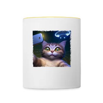 Selfie de chat avec OVNI - Mug contrasté - blanc/jaune - Devant