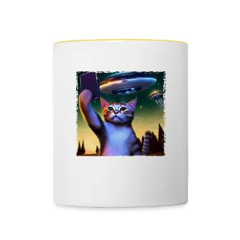 Selfie de chat avec OVNI - Mug contrasté - blanc/jaune - Devant
