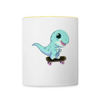 Skateboard Dinosaurier - Tasse zweifarbig - Weiß/Gelb - Vorne