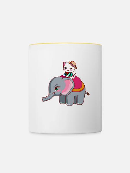 Katze reitet Elefant - Tasse zweifarbig - Weiß/Gelb