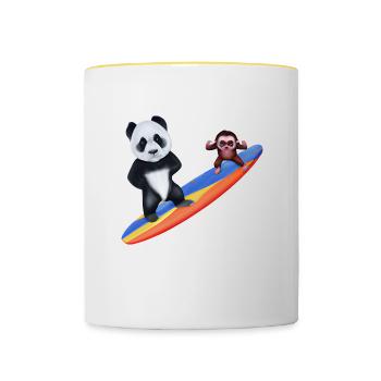 Surfender Panda und Affe - Tasse zweifarbig - Weiß/Gelb - Vorne