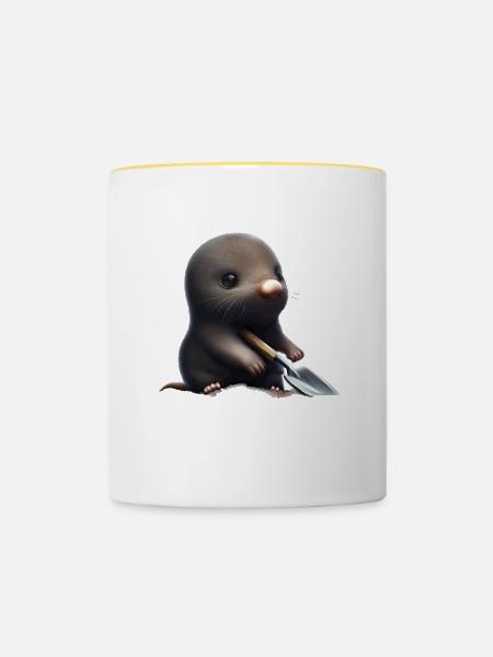 Niedlicher Maulwurf mit Schaufel - Tasse zweifarbig - Weiß/Gelb
