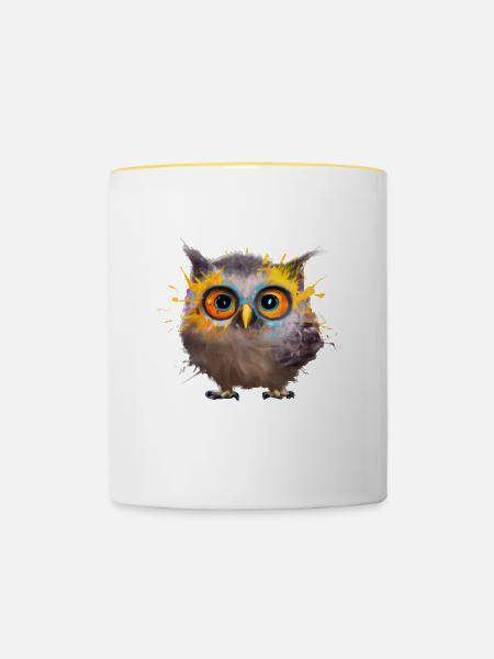 Farbenfrohe Eulen-Illustration - Tasse zweifarbig - Weiß/Gelb