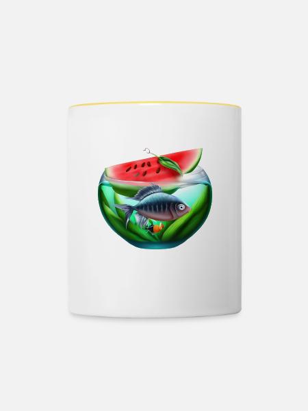 Wassermelonen Aquarium mit Fischen - Tasse zweifarbig - Weiß/Gelb