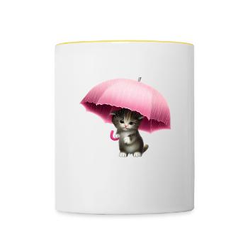 Cat with pink umbrella - Contrasting Mug - white/yellow - Front