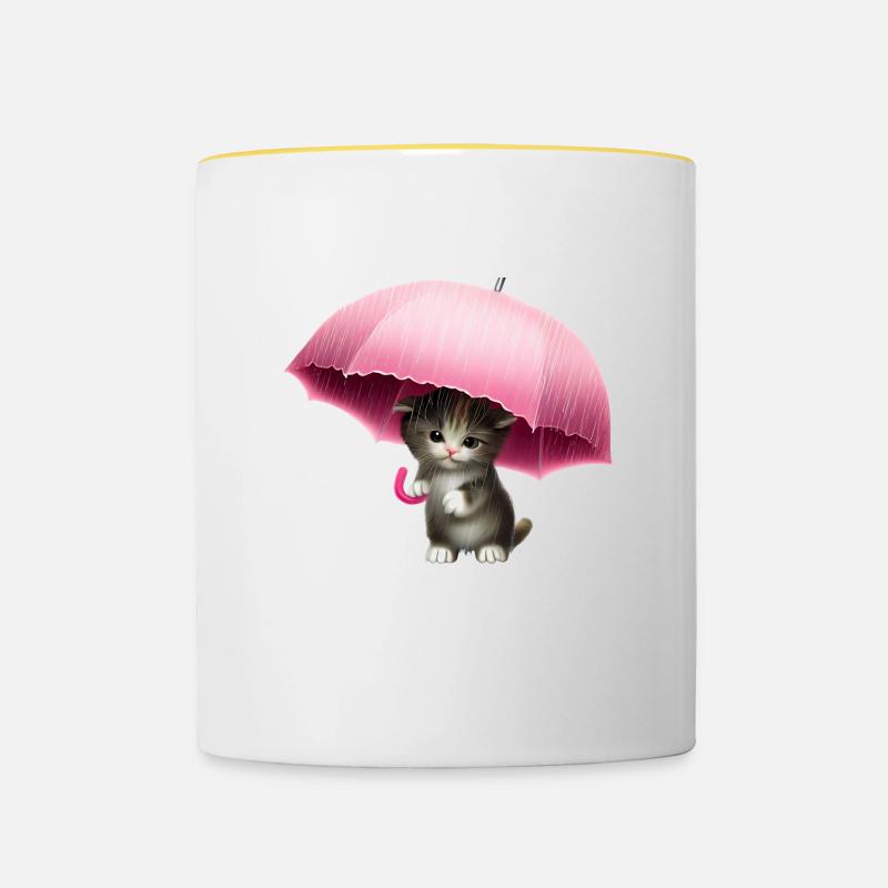 Katze mit pinkem Regenschirm - Tasse zweifarbig - Weiß/Gelb