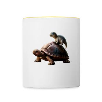 Dinosaur on turtle - Contrasting Mug - white/yellow - Front