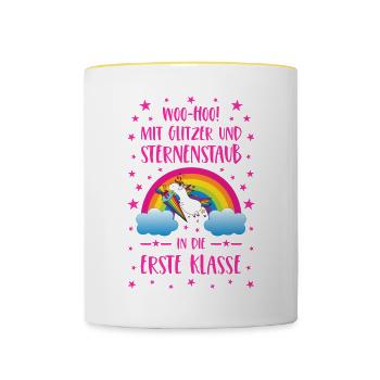 Mit Glitzer und Sternenstaub in die Erste Klasse - Tasse zweifarbig - Weiß/Gelb - Vorne