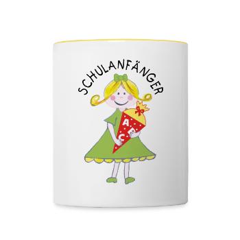Schulanfänger 2026 - Mädchen mit Schultüte - Tasse zweifarbig - Weiß/Gelb - Vorne