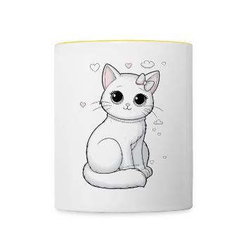 Katze Weiß mit Schleife kuscheln und schmusen - Tasse zweifarbig - Weiß/Gelb - Vorne