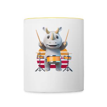 Drum-playing rhinoceros - Contrasting Mug - white/yellow - Front