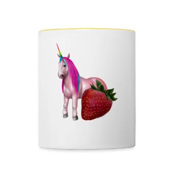 Einhorn mit Erdbeere - Tasse zweifarbig - Weiß/Gelb - Vorne