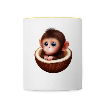 Affe in einer Kokosnuss - Tasse zweifarbig - Weiß/Gelb - Vorne