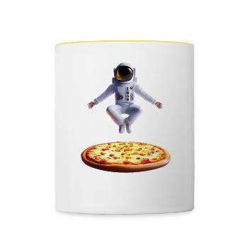 Hovering astronaut over pizza - Contrasting Mug - white/yellow - Front