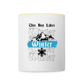 Garçon aime l'hiver, flocon de neige, journées - Mug contrasté - blanc/jaune - Devant