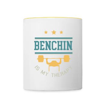 Ironic Gym Quote Benchpress as Therapy Lifting - Contrasting Mug - white/yellow - Front
